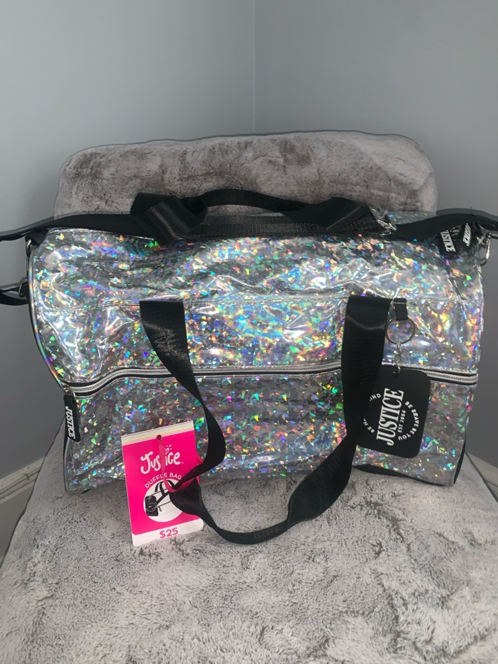 🆕- Justice Iridescent Holographic Duffle Bag with Black Handles & Shoulder Strap